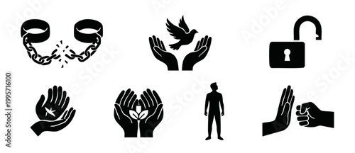 Human Rights Freedom Icon Set, Liberation and Justice Symbols, Peace Dove and Broken Chains Collection for Social Equality Campaigns, Non-Violence Protest Graphics and Civil Liberty Design Elements