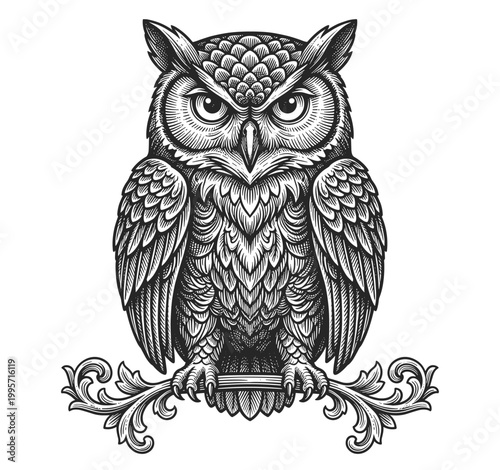Owl perched with ornate branch centerpiece. Hand drawn vintage engraved, vector illustration.