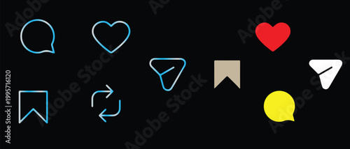 Social Media Interface Icons Set on Dark Background – Modern UI Reaction Symbols