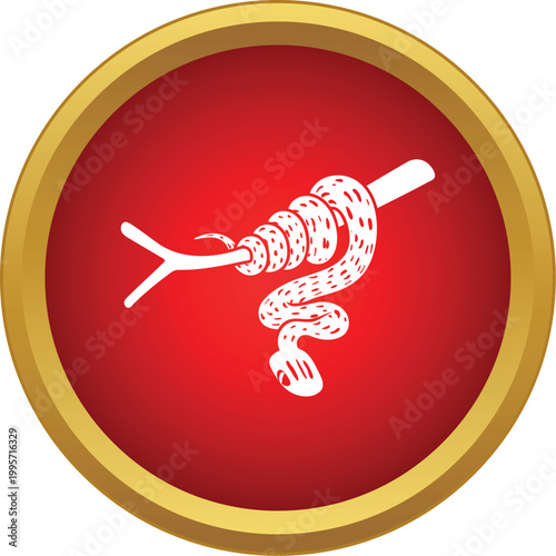 White serpent coiling around a simple branch on a red background badge
