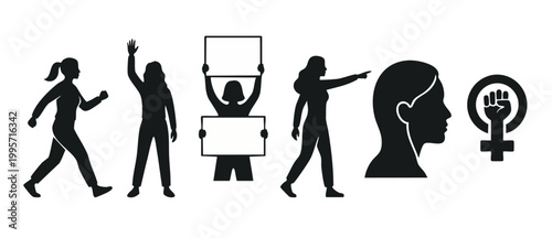 Women protest silhouettes set with protest signs and female power symbols. Activism, demonstration, women's rights movement concept, gender equality, empowerment, female profile and raised fist icons.
