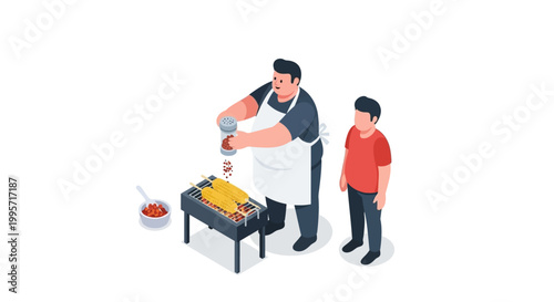 Father and Son Cooking Delicious Food on a Grill Outdoors.