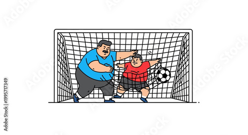 Father and Son Playing Soccer in the Goal, Cartoon Illustration.