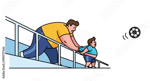 Father and Son Playing Soccer Together on the Stairs.