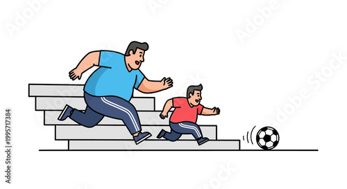 Father and Son Running Down Steps Chasing a Soccer Ball.