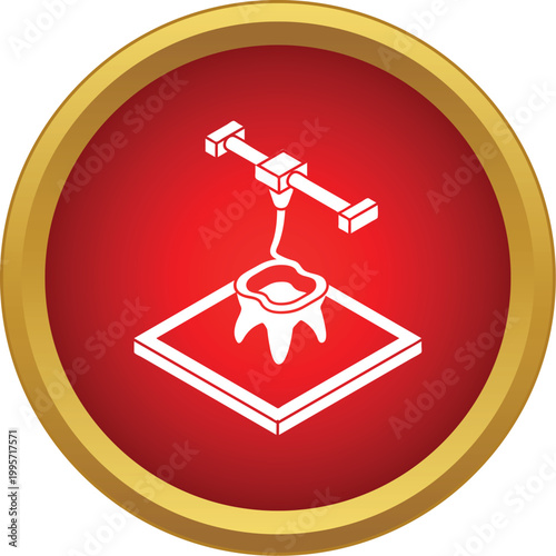 3d printer manufacturing a dental tooth on a red and gold circle icon