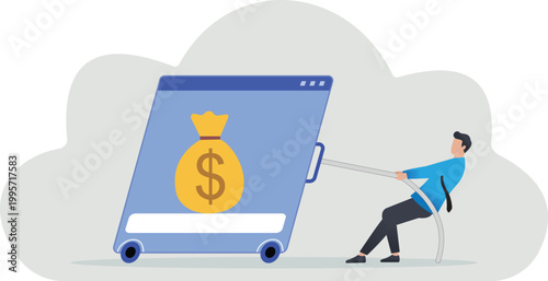 Businessman Pulling Web Browser with Money Bag Icon - Financial Success Concept