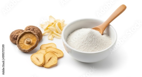 Mushroom powder and dried ingredients on white background for healthy recipes
