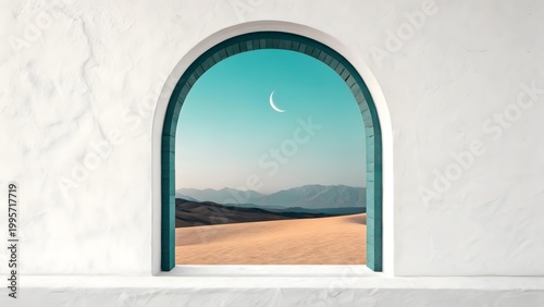 Desert Vista Through Arch: An arch framing a serene desert vista, revealing rolling sand dunes under a clear sky adorned with a crescent moon.