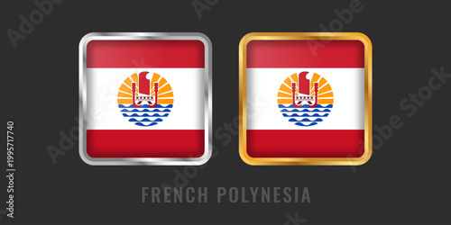 Premium square labels with the French Polynesia flag in gold and silver frames. Polynesian manufacturing origin and product certification emblems.