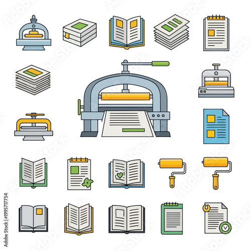 Printing Press and Book Icons Set: Offset, Binding, Paper, and Publishing Symbols