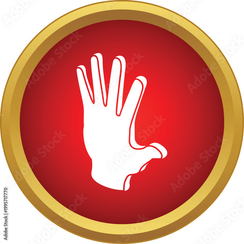 White hand showing vulcan salute in a red circle with gold border