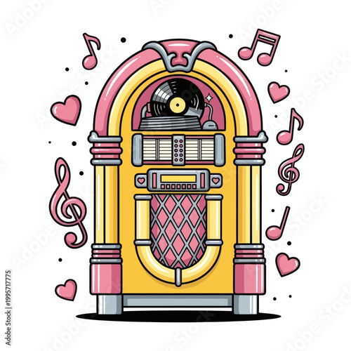 Retro Jukebox with Hearts and Music Notes, Vintage Music Player