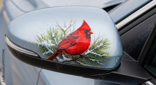 Car side view mirror decorated with airbrush painting of red cardinal on snowy pine branch