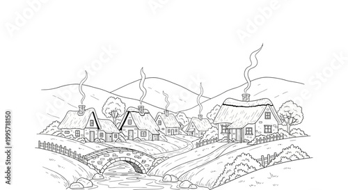 Rustic Village Scene Sketch: Thatched Cottages, Stone Bridge, Rolling Hills