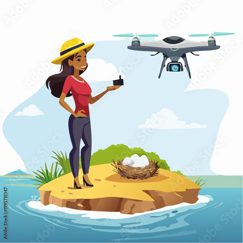 Woman researcher using drone for wildlife observation on island vector