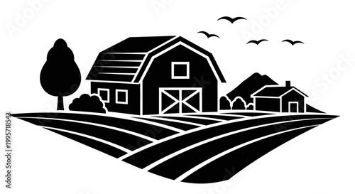 Farmhouse and Fields Silhouette Vector Icon