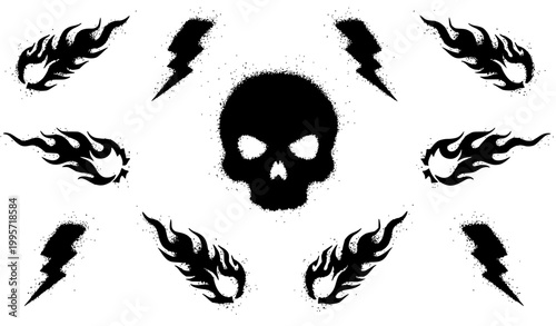 Graffiti spray skull flame and flash vector set with black street art elements isolated on white background