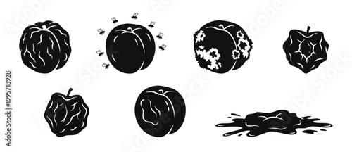 Rotten Peach Icons Set - Black Silhouette Collection of Spoiled Fruit, Moldy Peaches, Flies, Decay, Waste and Food Decomposition Elements for Agriculture, Health, and Safety Infographics Design Concep