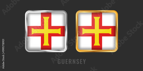 High-quality square gold and silver metallic labels with the flag of Guernsey. Premium emblems for local products, manufacturing origin, and British Crown dependency pride.
