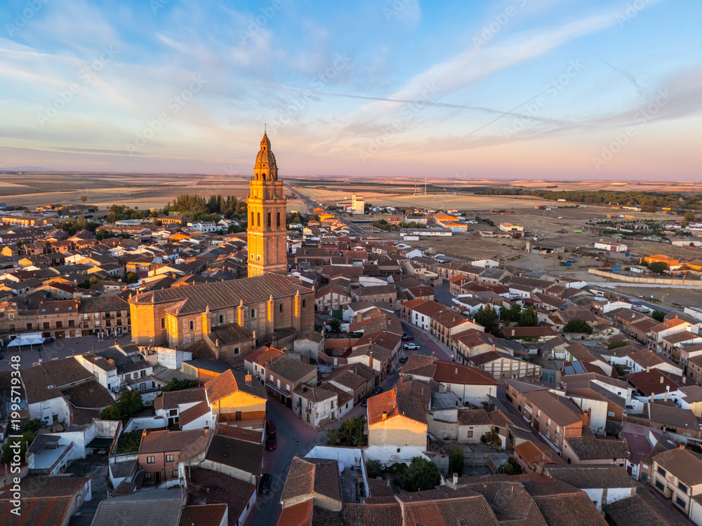 Obraz premium Aerial View Of A Spanish Town With Red Roofs And Church Towers, Alaejos, Castile and Leon, Spain