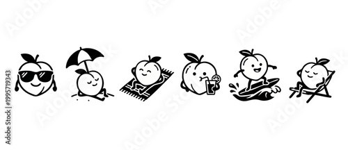 Cute Peach Character Summer Icons Set - Vacation Beach Activities and Tropical Fun Vector Illustrations of Smiling Fruit Mascots Relaxing on Surfboard, Sunbathing, and Drinking Cold Refreshing Beverag