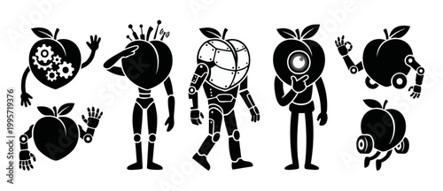 Robot Peach Character Set, Cyborg Fruit Icons with Mechanical Parts, Futuristic Food Mascot Collection, Funny Artificial Intelligence Graphic Design Elements for Tech Projects and Digital Innovation C