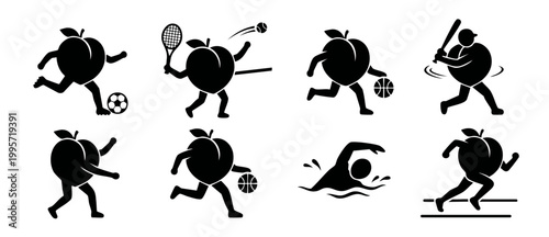Peach character sports set, active fruit playing various athletic games icon collection, flat black vector illustrations of healthy food doing exercise, running, swimming, and playing ball sports acti