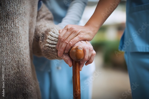 Caring Hand Supporting Elderly Person with Walking Cane for Assistance.