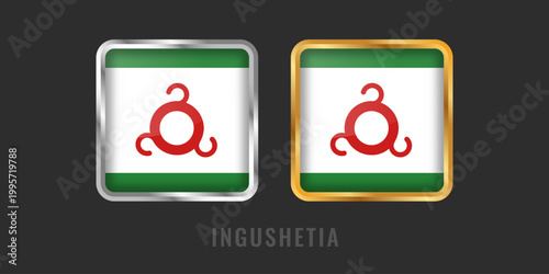 Square gold and silver metallic labels featuring the flag of the Republic of Ingushetia. Premium regional icons for manufacturing origin and cultural identity.
