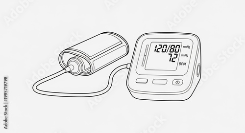 Digital blood pressure monitor with cuff and screen displaying readings, medical device illustration