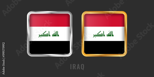 High-quality square gold and silver metallic labels with the flag of Iraq. Premium Iraqi icons for exports, products, and origin certification on dark background.