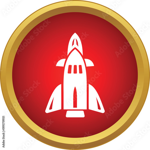 Rocket ship icon in a red circle with gold frame illustrating innovation