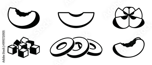 Fruit icon set black and white vector illustration, melon slices, apple wedges, pineapple rings and sugar cubes for healthy food menu design elements, culinary ingredients graphic collection isolated.