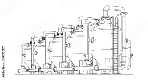 Industrial Water Treatment System with Multiple Tanks and Pipelines - Detailed Line Art Illustration