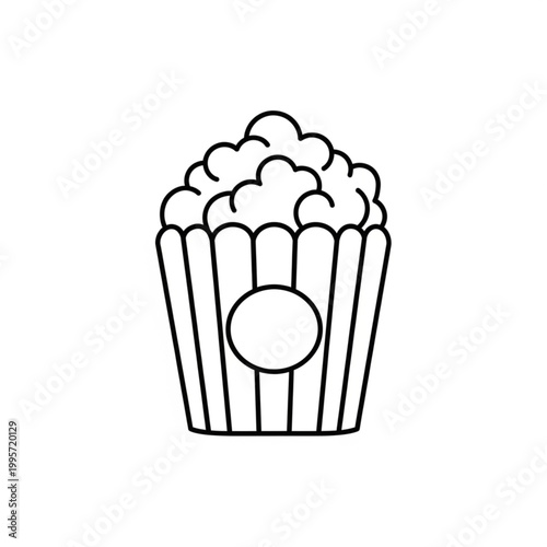 Minimalist line art illustration of a striped popcorn bucket overflowing with fluffy kernels, perfect for cinema themes, snack branding, or entertainment graphic projects