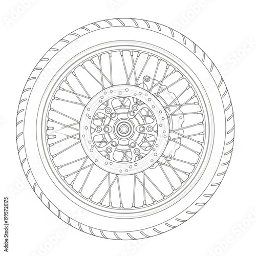 Detailed outline illustration of a motorcycle wheel with spokes, brake disc, and tire tread pattern