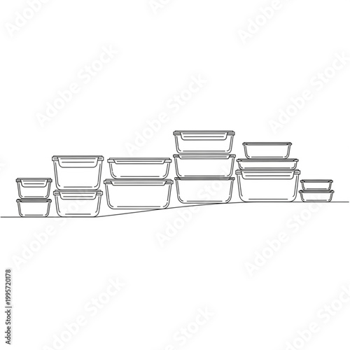 Collection of various sizes and shapes of rectangular food storage containers and lids, presented in a clean, minimalistic line art style against a white background
