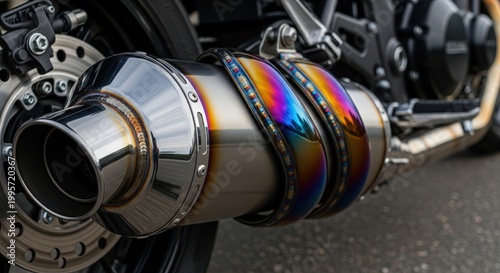 Custom titanium motorcycle exhaust system with heat tinted iridescent colors and weld seams