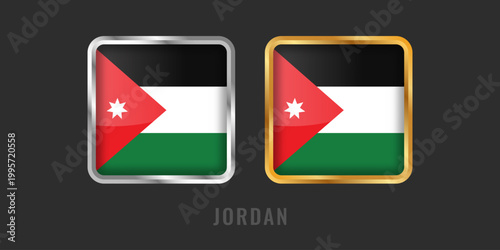 High-quality square gold and silver labels with the flag of Jordan. Premium Jordanian icons for exports, products, and manufacturing origin certification.
