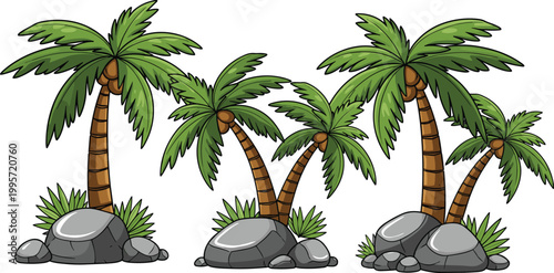 Cartoon Palm Trees with Rocks and Greenery – Tropical Scene and Island Landscape Illustration