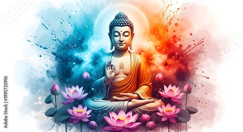 Serene buddha portrait with vibrant watercolor background and lotus flowers