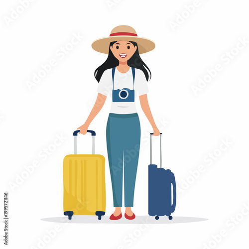 Woman Traveler with Luggage and Camera