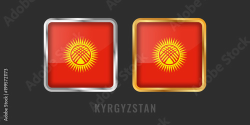 High-quality square gold and silver labels with the flag of Kyrgyzstan. Premium Kyrgyz icons for exports, products, and manufacturing origin certification