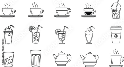 Collection of Drink and Beverage Icons Including Coffee Cups, Milkshakes, Teapot, and Glasses