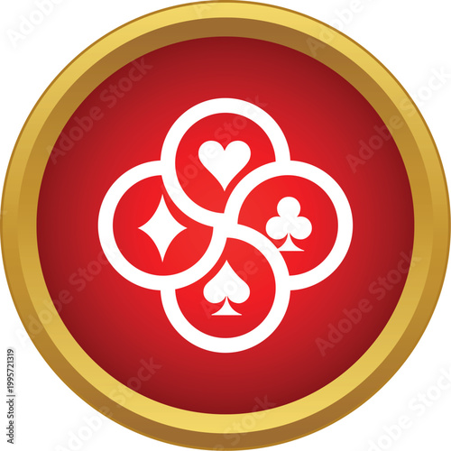 Playing card suit symbols forming a circular design on a red background with a gold border