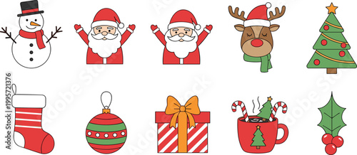 Festive Christmas illustration with Santa, snowman, reindeer, tree, gifts, stockings, and holiday decorations