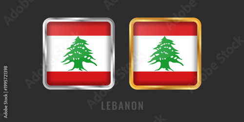 Professional square gold and silver labels with the Lebanese flag. High-quality icons for Lebanon products, manufacturing origin, and national identity.