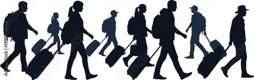 Travelers silhouettes walking with luggage and backpacks isolated on white background representing journey, tourism, airport transit and modern travel lifestyle concept
