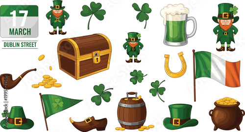 St. Patrick’s Day vector illustration featuring leprechauns, shamrocks, a pot of gold, Irish flag, and festive symbols